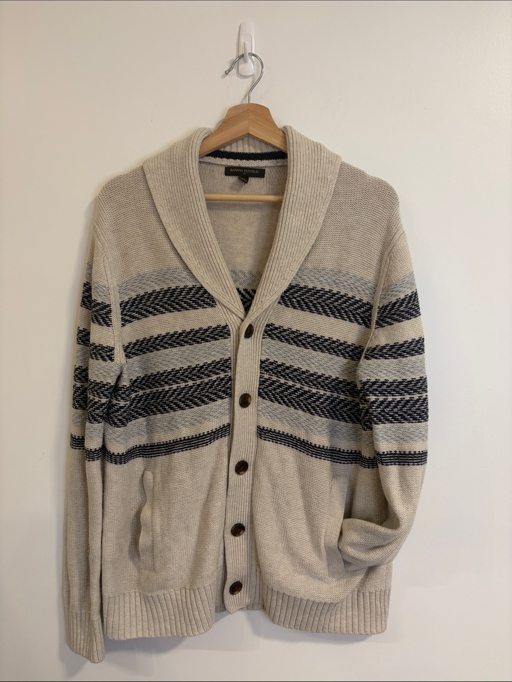 Banana Republic Beige Cardigan with Navy Stripe Accents